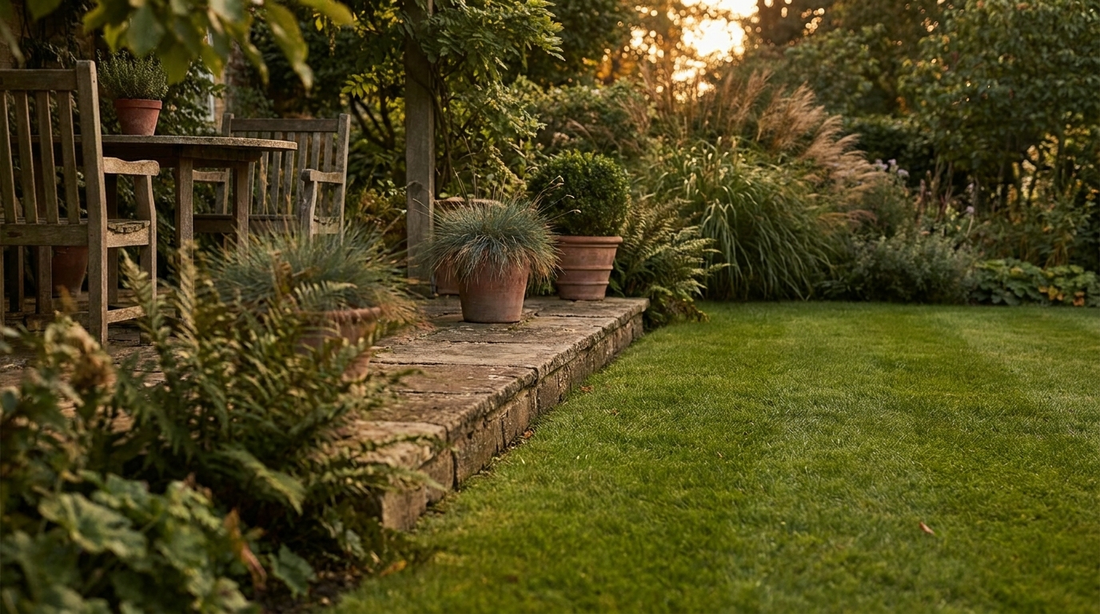 Garten mit Rasen und Terrasse – Ameisen biologisch bekämpfen