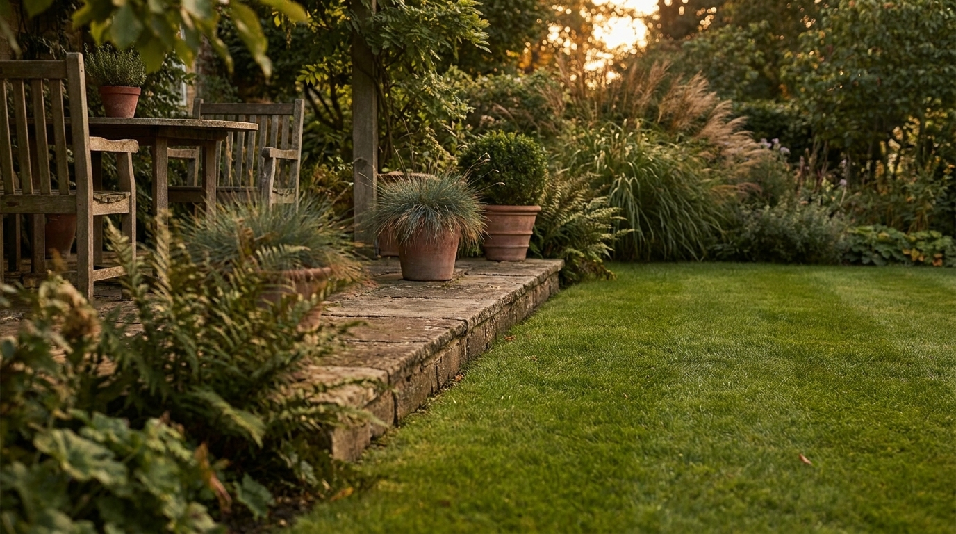 Garten mit Rasen und Terrasse – Ameisen biologisch bekämpfen